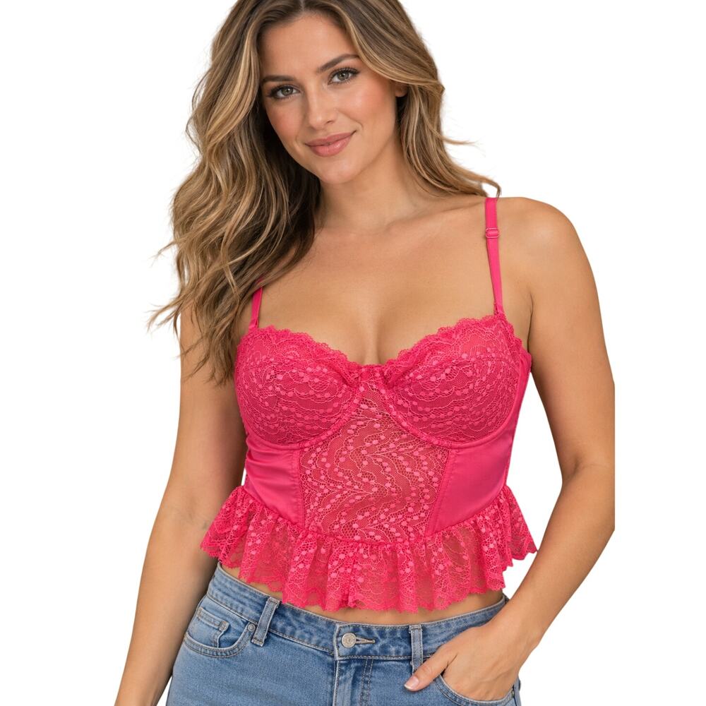 Sincerely Jules sz L hot pink cropped bralette lingerie lace top sexy lifting